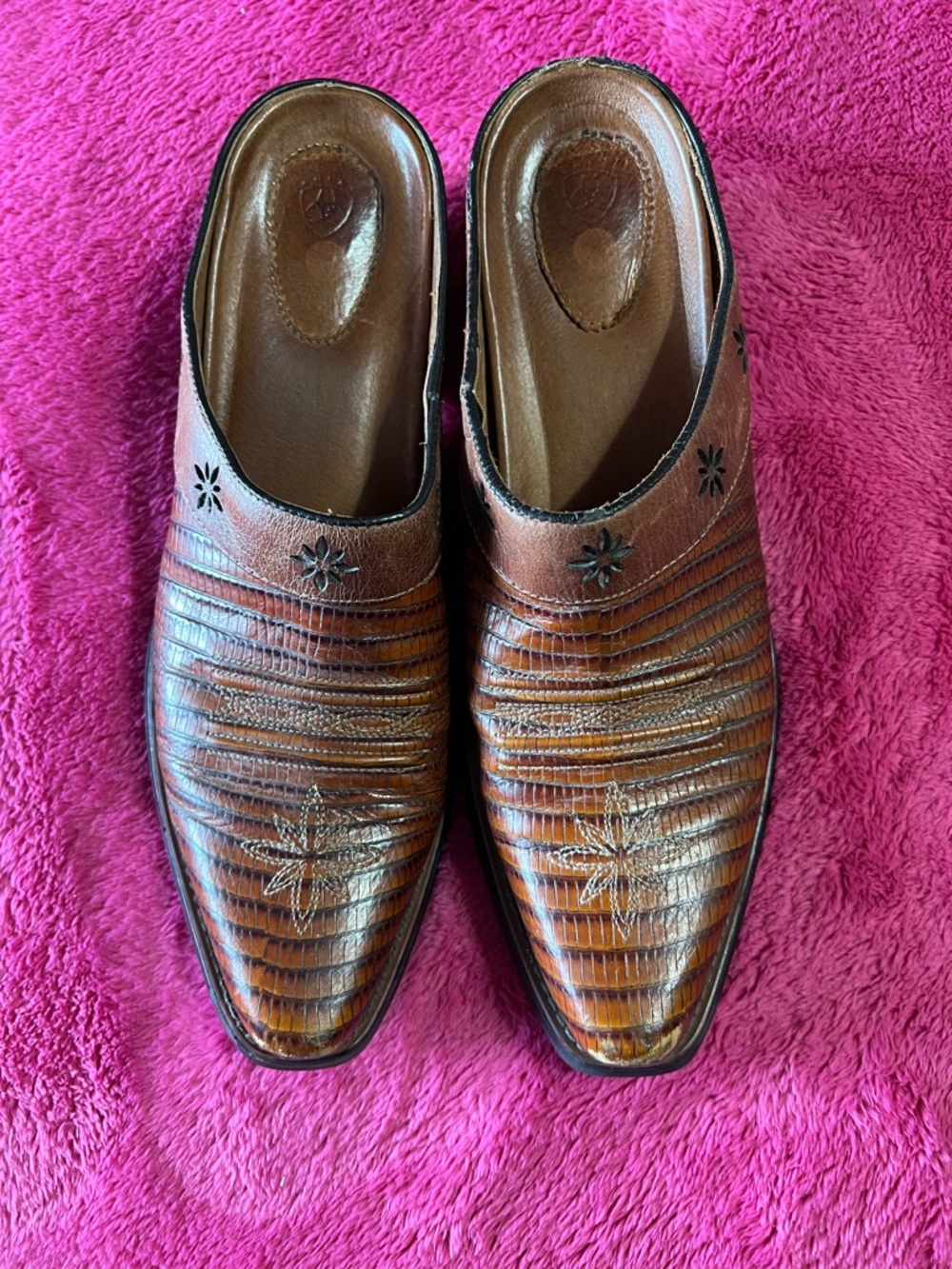 Ariat Brown Textured Leather Slip-On Loafers with Floral Stitching
